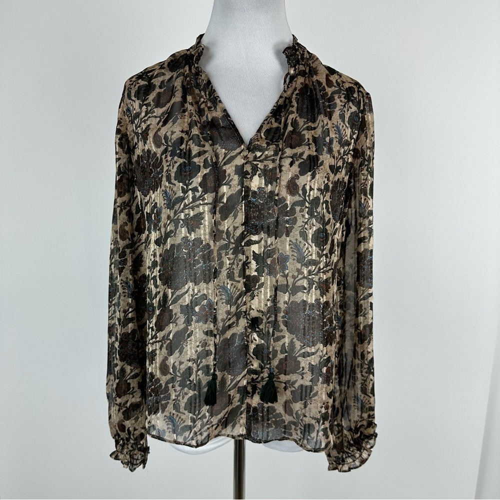 MNG Mango Suit Neutral Green Floral Sheer Striped Long Sleeve Top Size 4